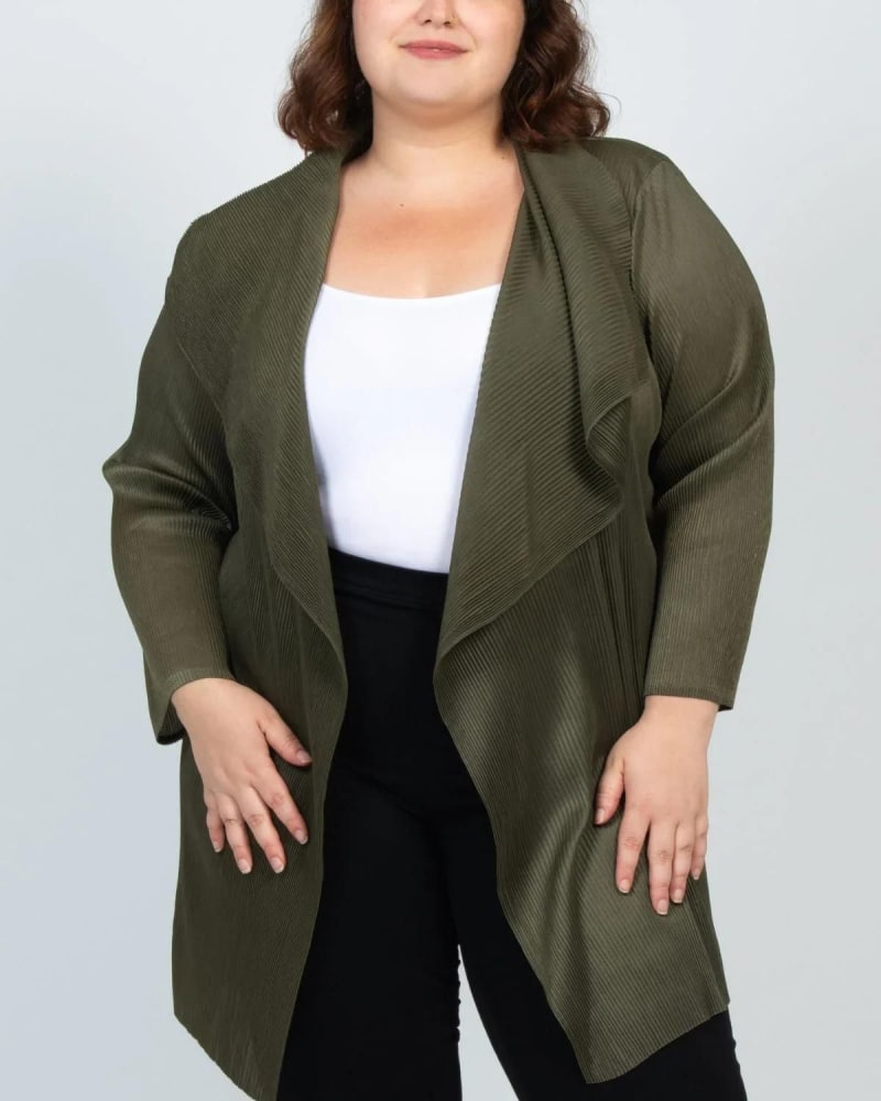Front of a model wearing a size one-size-fits-all Patricia Mini Accordion Pleats Waterfall Cardigan in Green by ANNICK. | dia_product_style_image_id:352297